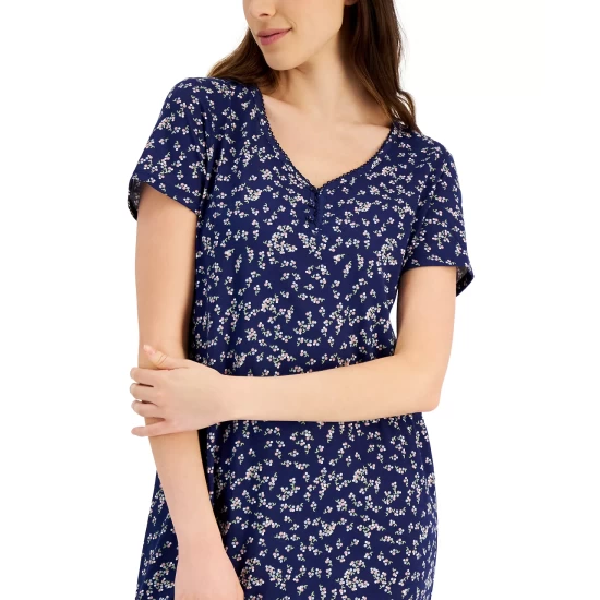 New ๐ Charter Club ๐ฉ Women's Short Sleeve Cotton Essentials Printed Midi Nightgown, Created For Macy's Medieval Blue Dot Floral ๐ฏ - Image 4