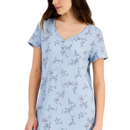 New ๐ Charter Club ๐ฉ Women's Short Sleeve Cotton Essentials Printed Midi Nightgown, Created For Macy's Medieval Blue Dot Floral ๐ฏ - Image 5