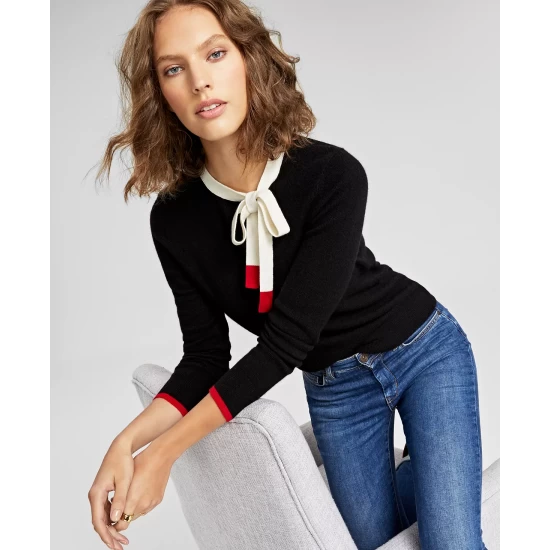 Buy 🎁 Charter Club 👩 Women's Bow Detail Cashmere Sweater, Created For Macy's Classic Black 🔥 - Image 6