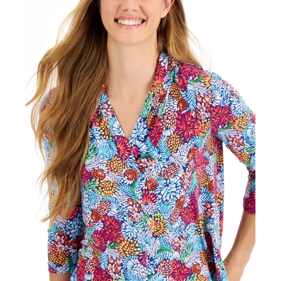 Brand new 🌟 Charter Club Petite Jungle Ditsy V-Neck Top, Created For Macy's Light Pool Blue Combo 🔔 - Image 4