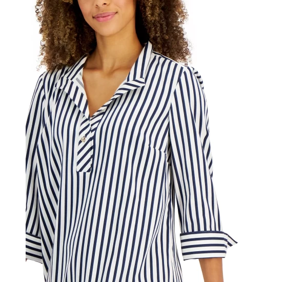Hot Sale 🌟 Charter Club 👩 Women's Woven 3/4-Sleeve Top, Created For Macy's Intrepid Blue Combo 😀 - Image 4