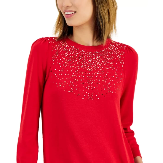 Buy 🎉 Charter Club 👩 Women's Embellished Sweater, Created For Macy's Ravishing Red 💯 - Image 5