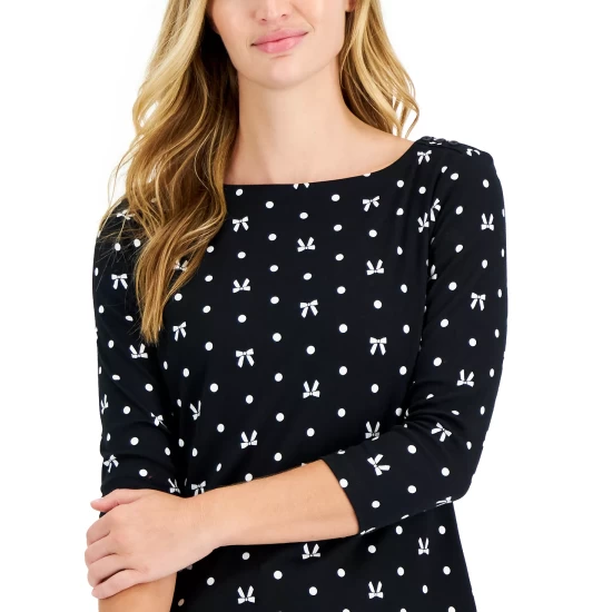 Best Pirce โ Charter Club Petite Cotton Printed Boat-Neck Top, Created For Macy's Deep Black Combo ๐ - Image 4