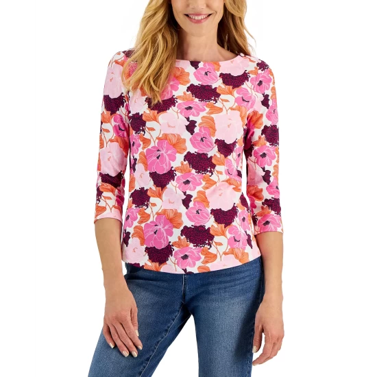 Best deal ✨ Charter Club 👩 Women's 3/4-Sleeve Floral Boatneck Top, Created For Macy's Intrepid Blue Combo 🤩 - Image 2