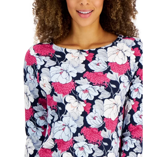 Best deal ✨ Charter Club 👩 Women's 3/4-Sleeve Floral Boatneck Top, Created For Macy's Intrepid Blue Combo 🤩 - Image 3