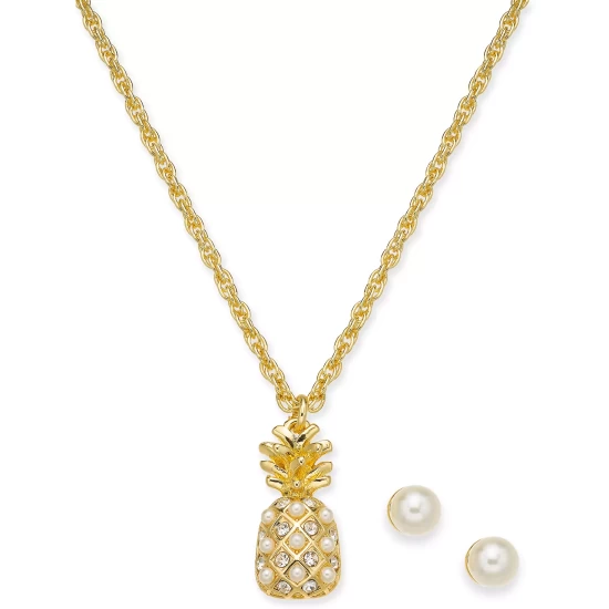 Discount 🎉 Charter Club Gold-Tone Crystal & Imitation Pearl Pineapple Pendant Necklace & Stud Earrings Boxed Set, 17 + 2 Extender, Created For Macy's ⭐ - Image 4