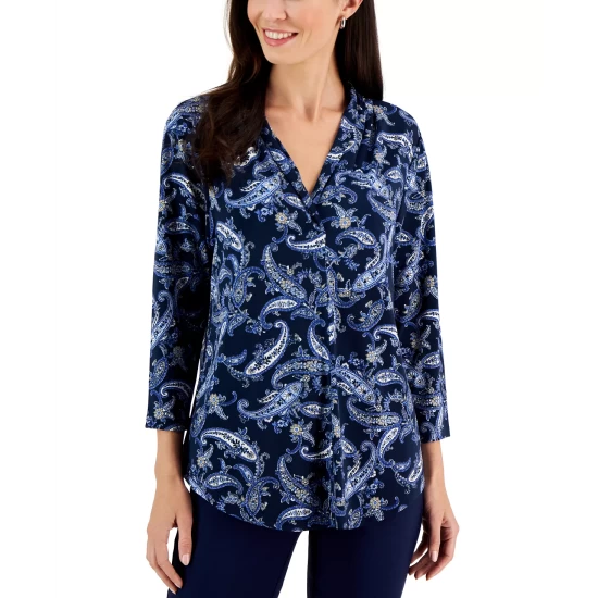 Flash Sale 🛒 Charter Club Petite Ruched Paisley-Print 3/4-Sleeve Top, Created For Macy's Cloud Combo ✨ - Image 3