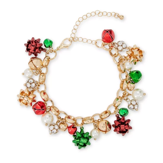 Brand new 🛒 Charter Club Tri-Tone Crystal, Imitation Pearl & Bow Jingle Bell Charm Bracelet, Created For Macy's Gold 🎉 - Image 2